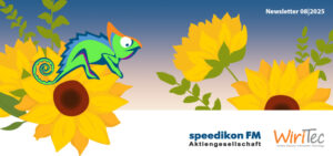 Charly auf Sonnenblume mit Sonnenuntergang.