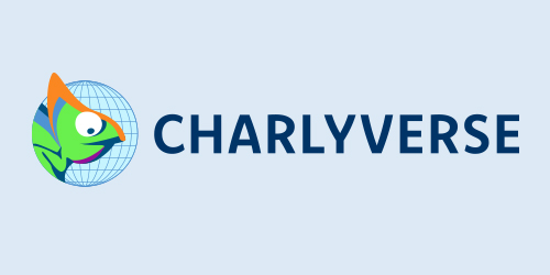 Charlyverse Logo auf hellblauem Hintergrund.