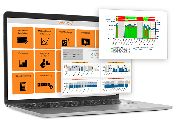 WiriTec_Startseite_Software_Laptop_de Laptop mit geöffneter deutscher WiriTec-C-Softwareoberfläche; Diagramme und Berichte hervorgehoben.